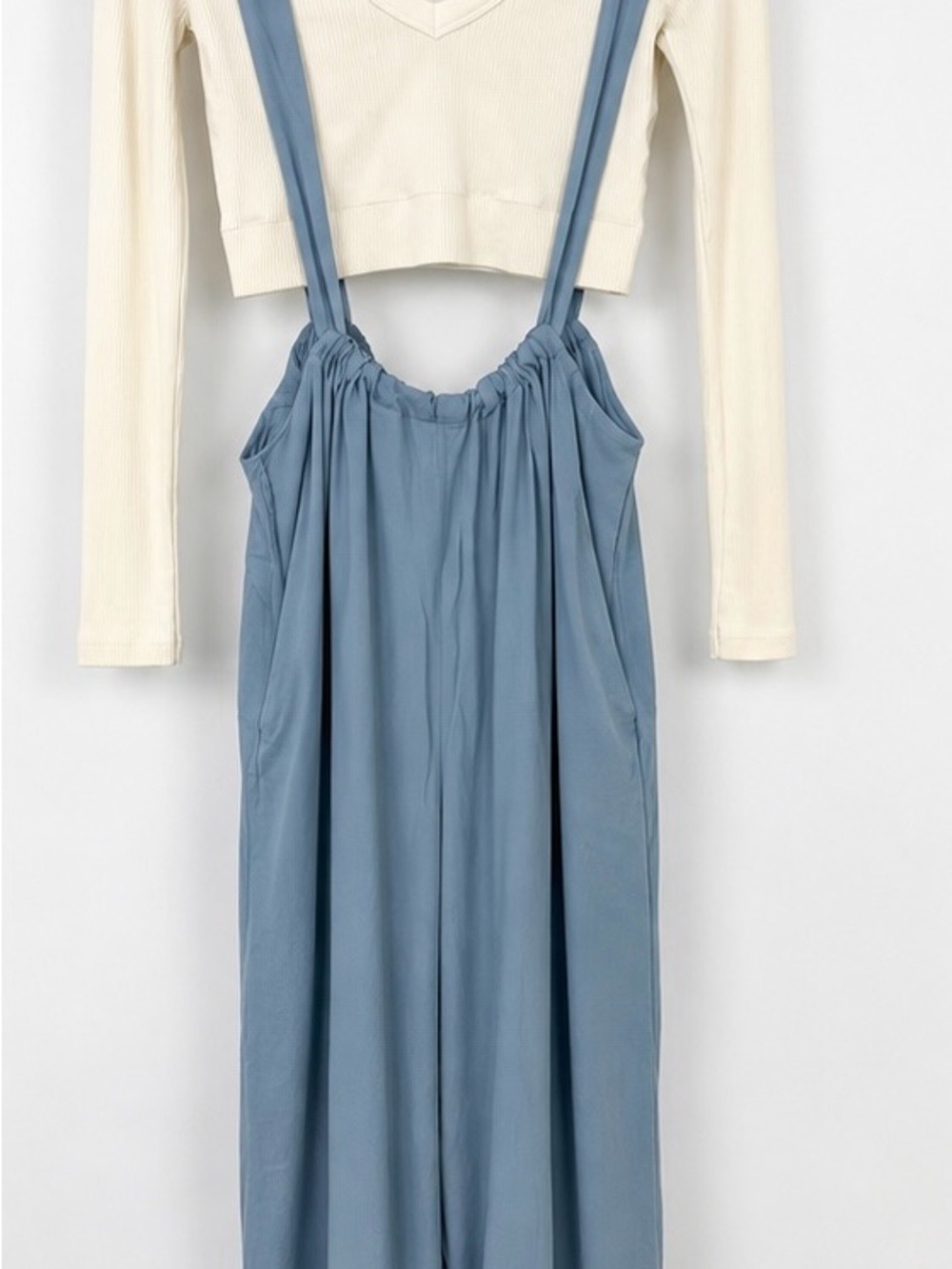 Zenana Outfitters Dusty Blue Suspender Wide-Leg Jumpsuit w/ crop top